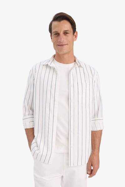 DeFacto Regular Fit Polo Yaka Pamuklu Uzun Kollu Çizgili Gömlek E7893AX25AU