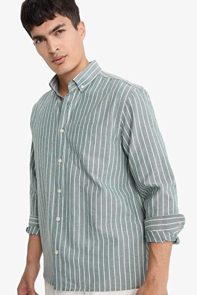 DeFacto Regular Fit Polo Yaka Dokuma Uzun Kollu Çizgili Gömlek E7840AX25AU