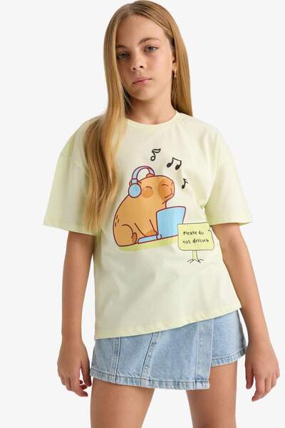 DeFacto Κοριτσίστικο μπλουζάκι με κοντό μανίκι με στάμπα με λαιμόκοψη F9723A825HS