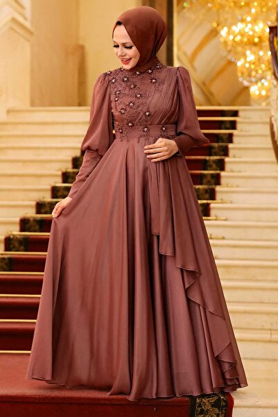 Neva Style İnci Detaylı Koyu Bakır Tesettür Abiye Elbise 21930kbkr