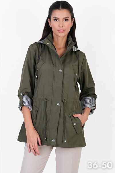 Spazio Goudot Kapüşonlu Mevsimlik Parka – Beli Büzgülü, Çıtçıt Detaylı HAKİ