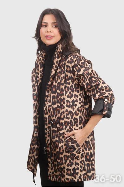 Spazio Mcguire Kapüşonlu Çıtçıtlı Katlamalı Kol Leopar Desen Kaban