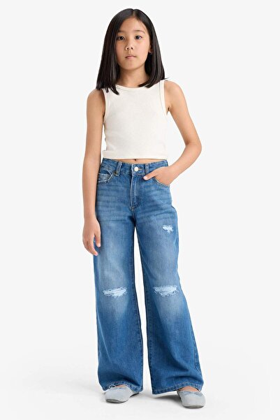 DeFacto Kız Çocuk Wide Leg Yırtık Detaylı Geniş Paça Jean Pantolon E5882A825AU