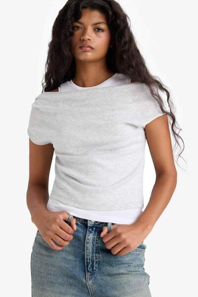 DeFacto Slim Fit Tight Fit One Shoulder Ribbed Short Sleeve T-Shirt G0316Ax25Hs