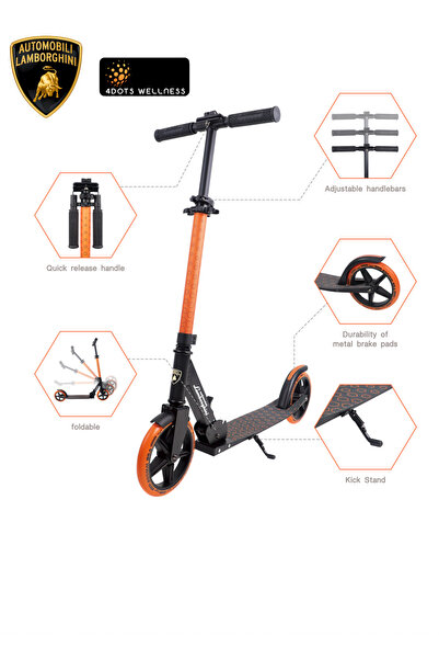 Lamborghini L6-200 Folding Scooter, Adjustable Height, Orange, 8+ Years