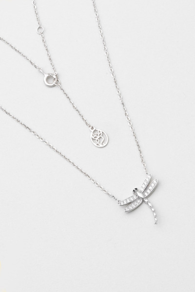 So CHIC... Beyaz Taşlı 18 Ayar Beyaz Altın Kaplama 45 Cm Gümüş Yusufçuk Kolye