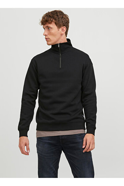 Jack & Jones Ανδρικό φούτερ με ψηλό γιακά μαύρο 12250747_JJEBRADLEY SWEAT HALF ZIP