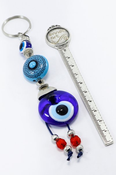 biuti Patterned Circle Shaped Handmade Glass Evil Eye Beaded Keychain, Red Bunch Beaded Keychain