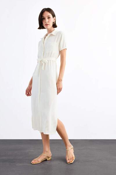 DeFacto Shirt Collar Belted Short Sleeve Midi Dress G1060Ax25Sm