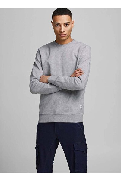 Jack & Jones Düz Yaka Gri Erkek Sweatshırt 12181903_JJEBASIC SWEAT CREW NECK N