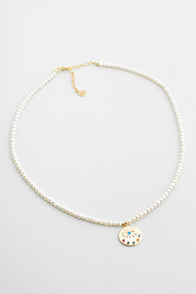 So CHIC... Renkli Göz 18 Ayar Sarı Altın Kaplama 48 Cm Gümüş İnci Kolye