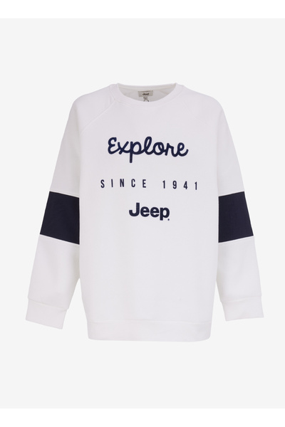 Jeep Beyaz Kadın Bisiklet Yaka Oversize Baskılı Sweatshirt C4WL-SWT4410