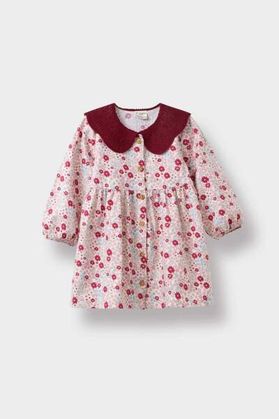 DeFacto Baby Girls Wide Knit Collar Flower Pattern Button Long Sleeve Twill Dress D3073A524Au