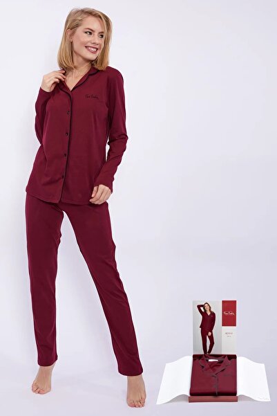 Pierre Cardin Burgundy Cotton Modal Pajamas Set for Women - Long Sleeve with Front Button R.O.7.7.Z.E.1.7.L.T
