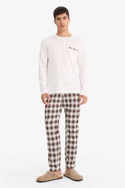DeFacto Pajama Set Regular Fit Long Sleeve Top Checked Long Bottom F7488Ax25Au