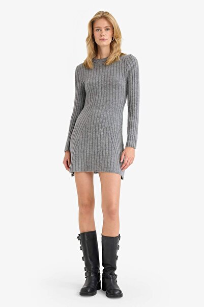 DeFacto Crew Neck Ribbed Long Sleeve Mini Dress F3893Ax25Wn