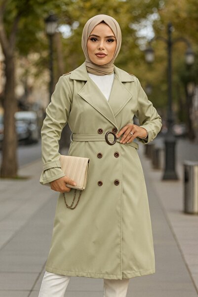 Neva Style Light Khaki Hijab Trench Coat with Buckle Belt 5942Ahk