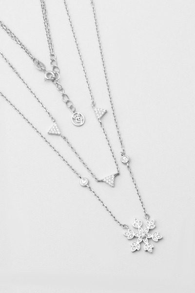 So CHIC... Kar Çiçeği 18 Ayar Beyaz Altın Kaplama 48 Cm Gümüş İkili Kolye