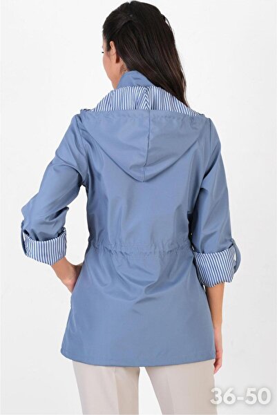 Spazio Goudot Kapüşonlu Mevsimlik Parka – Beli Büzgülü, Çıtçıt Detaylı İNDİGO