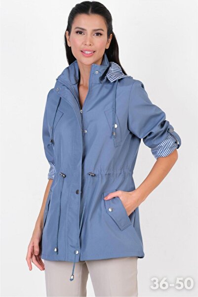 Spazio Goudot Kapüşonlu Mevsimlik Parka – Beli Büzgülü, Çıtçıt Detaylı İNDİGO