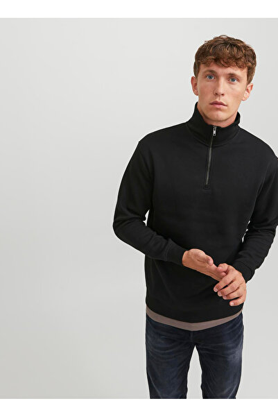 Jack & Jones Ανδρικό φούτερ με ψηλό γιακά μαύρο 12250747_JJEBRADLEY SWEAT HALF ZIP