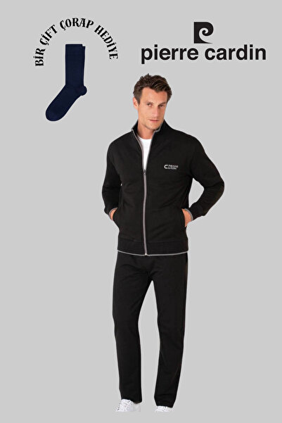 Pierre Cardin Erkek Siyah Pamuklu Fermuarlı Eşofman Takımı 1 Çift Çorap Hediye .R.O1.P.İ.ERŞ.II.E.L.T