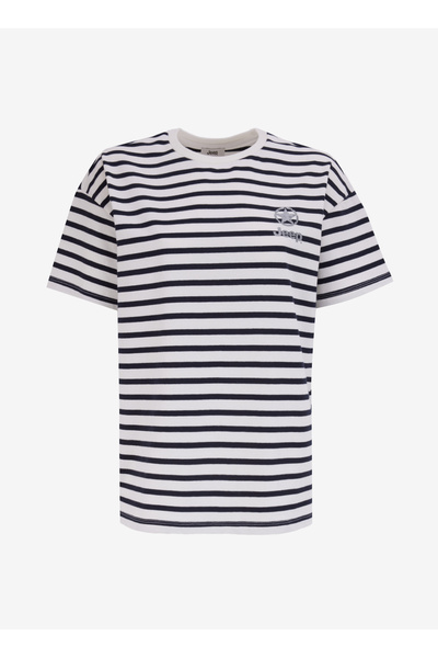 Jeep Bisiklet Yaka Çizgili Lacivert - Beyaz Kadın T-Shirt C4WL-TST4010