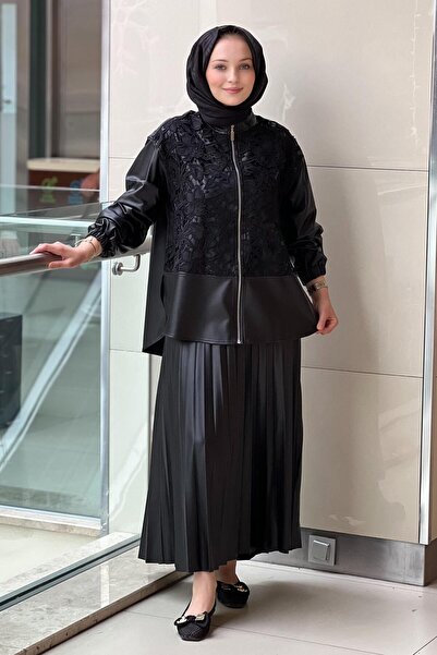 Nurcan Çetin Set de fuste din piele cu detaliu floral din guipură