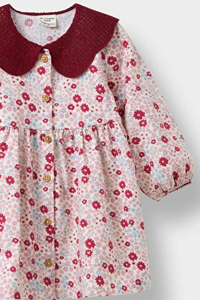 DeFacto Baby Girls Wide Knit Collar Flower Pattern Button Long Sleeve Twill Dress D3073A524Au