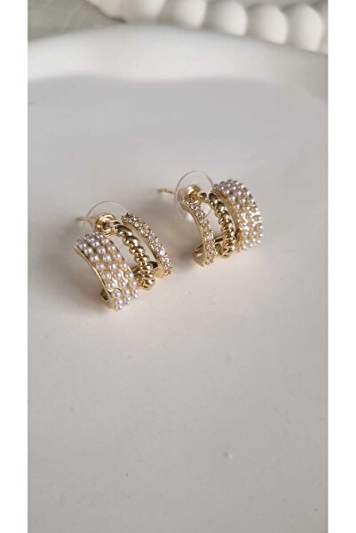 İNİTİUM Premium Paslanmaz Çelik İnci ve Zirkon Taş Detaylı Çoklu Görünümlü Gold Küpe