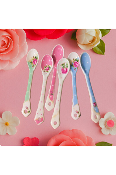 Genel Markalar 6'lı Porselen Çay Kaşığı Seti 11 cm Çiçek Desenli Beyaz Mavi P...