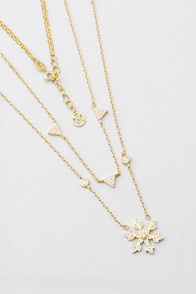 So CHIC... Kar Çiçeği 18 Ayar Sarı Altın Kaplama 48 Cm Gümüş İkili Kolye