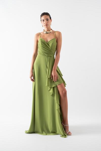 Spazio Recoing Kuruvaze Drapeli İnce Askılı Yanı Volanlı Yırtmaçlı Uzun Abiye Elbise YEŞİL