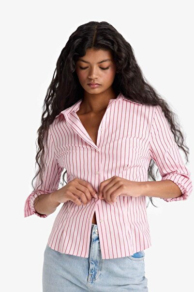 DeFacto Fitted Çizgili Poplin Uzun Kollu Gömlek F9209AX25AU