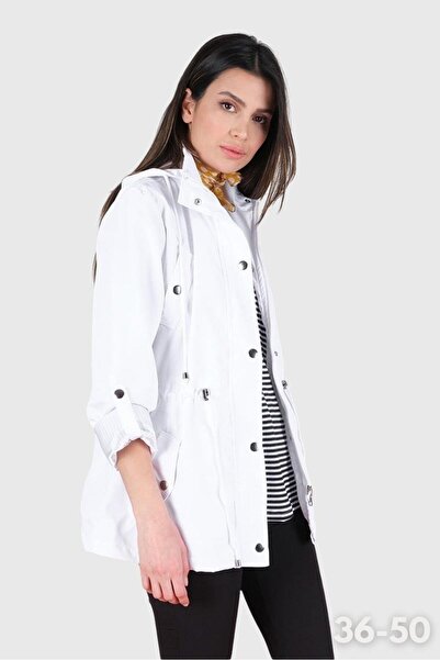 Spazio Goudot Kapüşonlu Mevsimlik Parka – Beli Büzgülü, Çıtçıt Detaylı BEYAZ