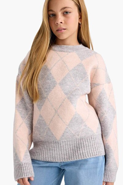 DeFacto Girl's Oversize Wide Fit Crew Neck Argyle Patterned Knitwear Sweater F5517A825Wn