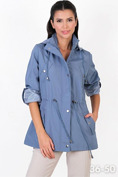 Spazio Goudot Kapüşonlu Mevsimlik Parka – Beli Büzgülü, Çıtçıt Detaylı İNDİGO