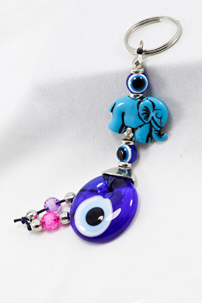 biuti Breloc din sticlă lucrat manual cu mărgele Evil Eye cu figurină de elefant mic, breloc cadou