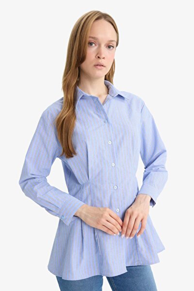 DeFacto Relax Fit Çizgili Poplin Uzun Kollu Gömlek Tunik F7271AX25AU