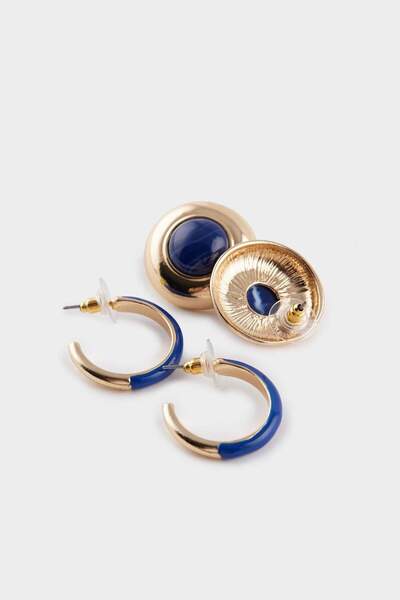 DeFacto Women's 2-Piece Blue Stone Gold Earrings F6627Axns