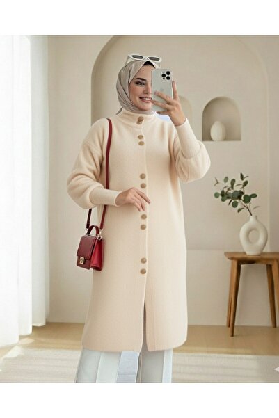 Modamorfo Buttoned Front Long Bearded Soft Cardigan -Stone