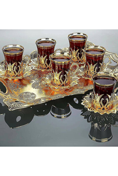 Ceyyiz طقم صينية وفناجين شاي مطرزة بالذهب الأصلي مكون من 6 قطع