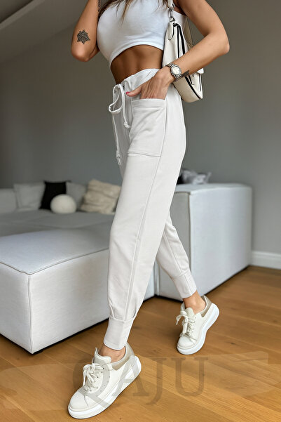 Qaju Women's Drawstring Pocket Detail Cotton Ecru Trousers