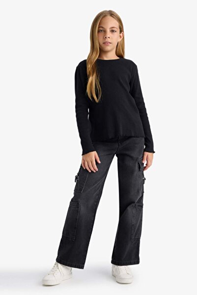 DeFacto Girls' Crew Neck Basic Plain Ribbed Camisole Long Sleeve School T-Shirt B2387A825Au