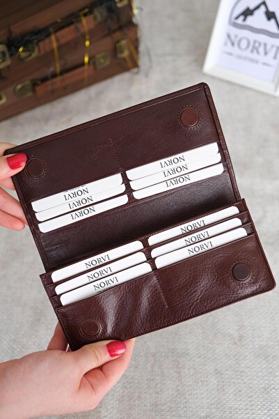 Norvi Leather محفظة من الجلد الطبيعي مع حامل للهاتف باللون البني اللامع 1028