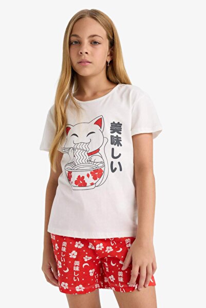 DeFacto Kız Çocuk Pijama Takımı Baskılı Kısa Kollu Tişört Desenli Şort G0922A825HS