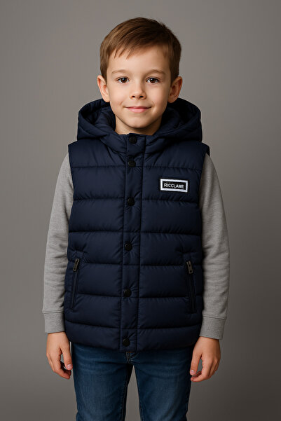 Uğur bebe Unisex Hooded Puffer Vest with Snap Fasteners and Pockets, 50% Cotton Lining, Sporty Stylish Winter Navy Blue Vest”