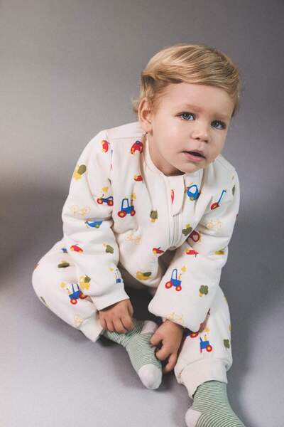 DeFacto Baby Boy 1.6 Tog Fiber Vehicle Printed Combed Cotton Long Sleeve Romper F3527A525Wn