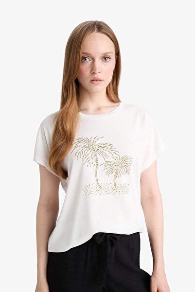 DeFacto Kurzarm-T-Shirt mit Rundhalsausschnitt und Steindruck F9593AX25AU