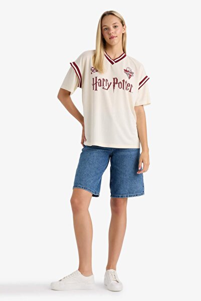 DeFacto Coool Harry Potter Oversize Wide Fit V-Neck Short Sleeve T-Shirt F9184Ax25Au
